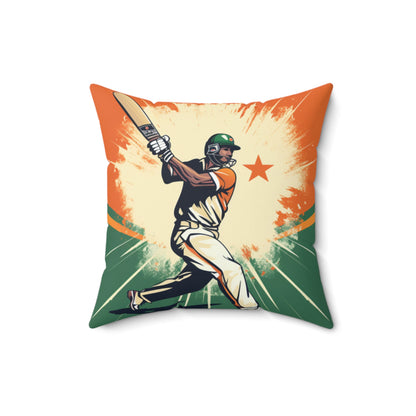 India Cricket Star: Batsman With Willow Bat, National Flag Style - Sport Game - Spun Polyester Square Pillow