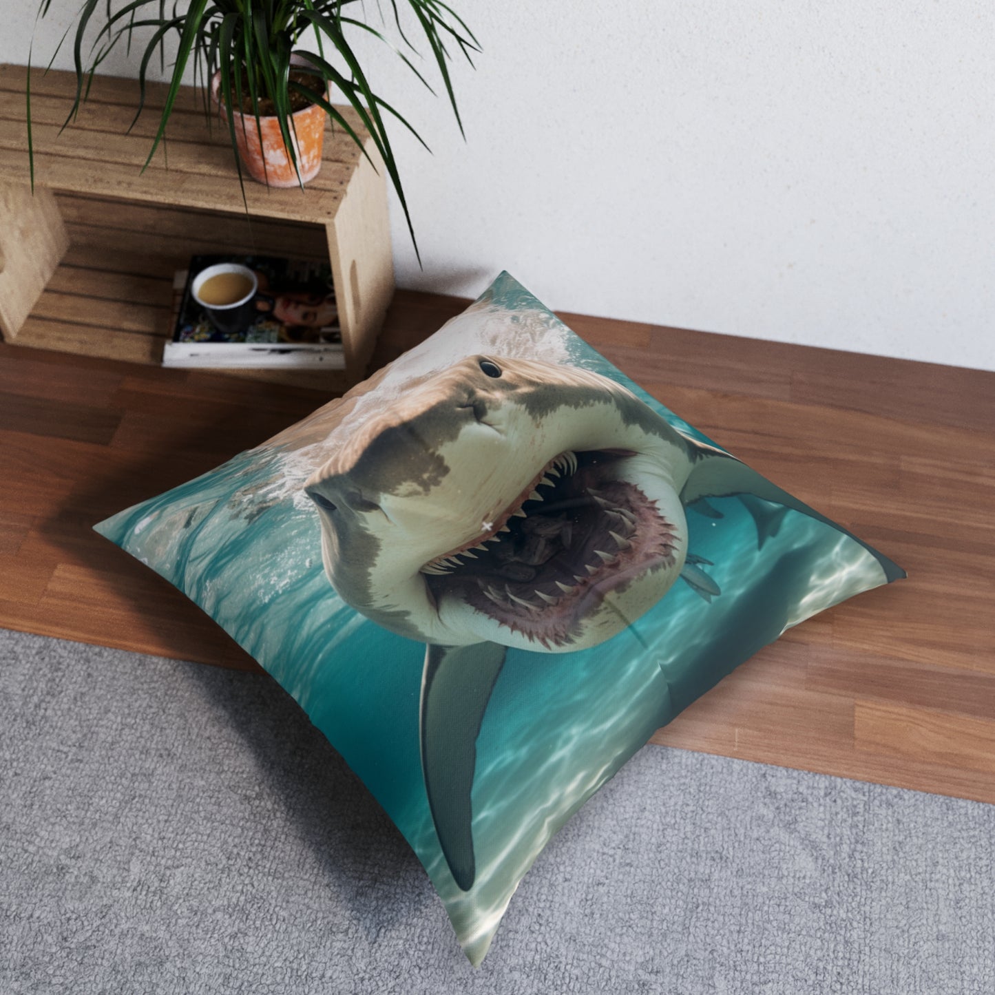 Bull Shark: River Monster Menace - Realistic Dark Water Predator - Tufted Floor Pillow, Square