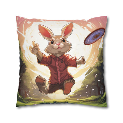 Disc Golf Rabbit: Bunny Aiming Frisbee for Basket Chain - Spun Polyester Square Pillow Case