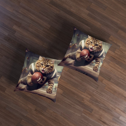 Football Field Felines: Kitty Cats in Sport Tackling Scoring Game Position - Tufted Floor Pillow, Square