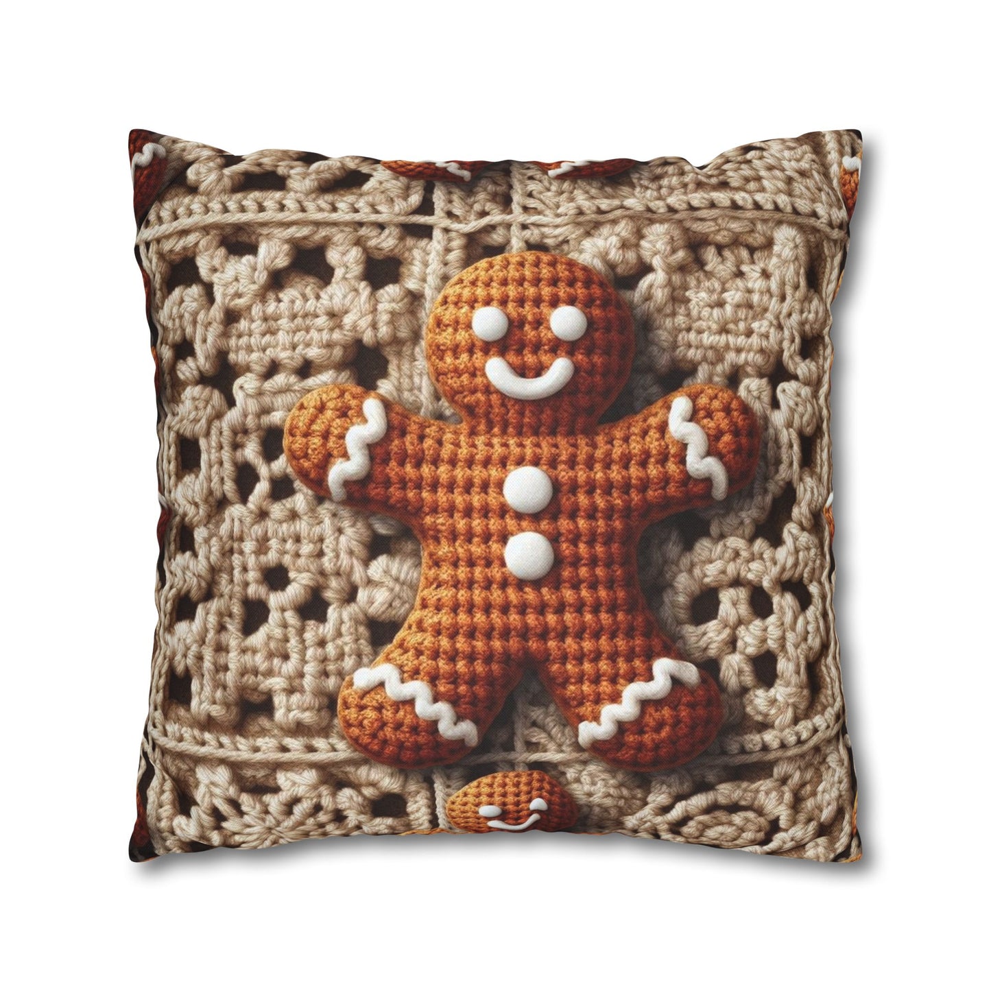 Rustic Gingerbread Delights: Christmas Crochet Gingerbread Men on Classic Beige Granny Squares - Spun Polyester Square Pillow Case