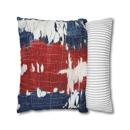 Patriotic Red, White & Blue: Distressed Denim-Style, Torn Fabric - Spun Polyester Square Pillow Case