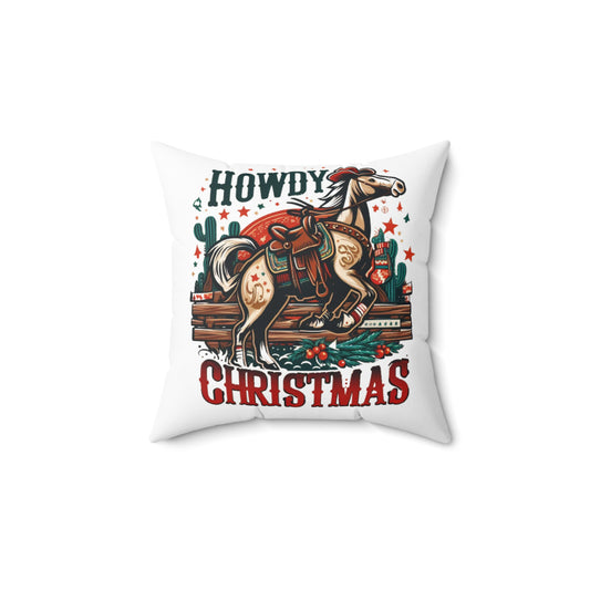 Old West Holiday Cheer - Cowboy Christmas with Festive Wreath and Star-Spangled Horse - Spun Polyester Square Pillow