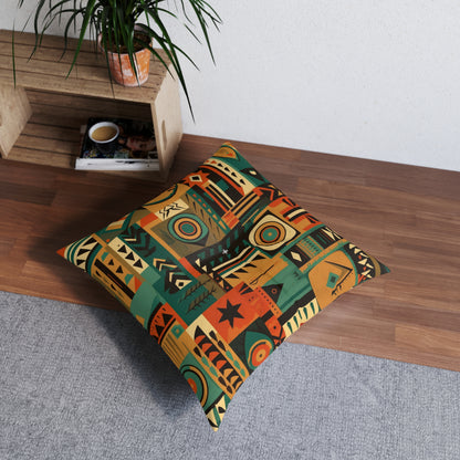 Earthy Tones Geometric Tribal-Inspired Pattern Design Tufted Floor Pillow, Square