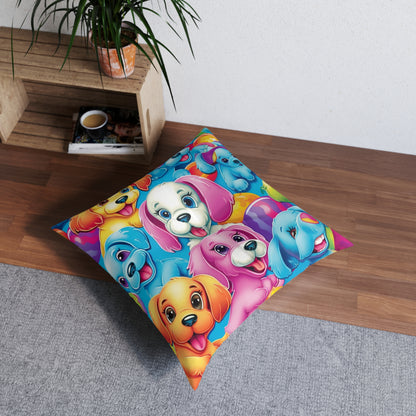 Happy Puppy & Dog Design - Vivid and Eye-Catching - Tufted Floor Pillow, Square