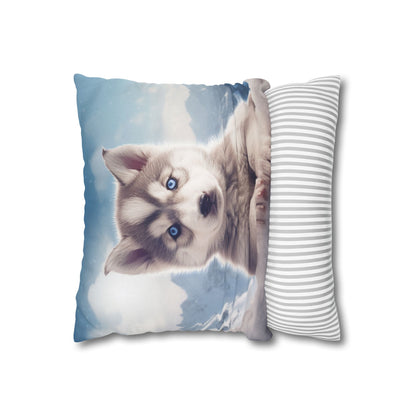 Husky Puppy Winter Wonder - Snowy Mountain Backdrop Spun Polyester Square Pillow Case