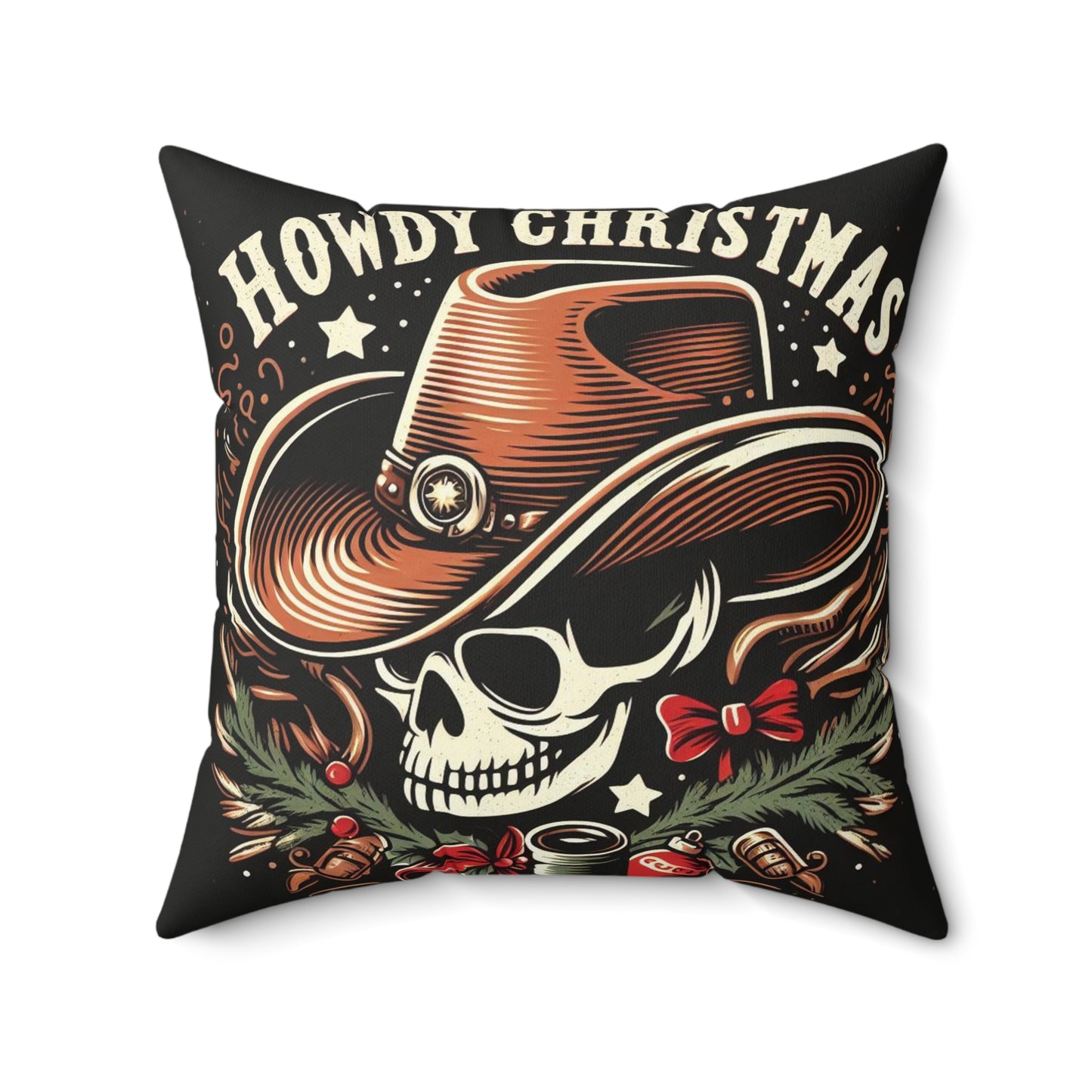 Spooky Western Holiday - Howdy Christmas with Cowboy Skull, Festive Hat & Seasonal Decor - Spun Polyester Square Pillow