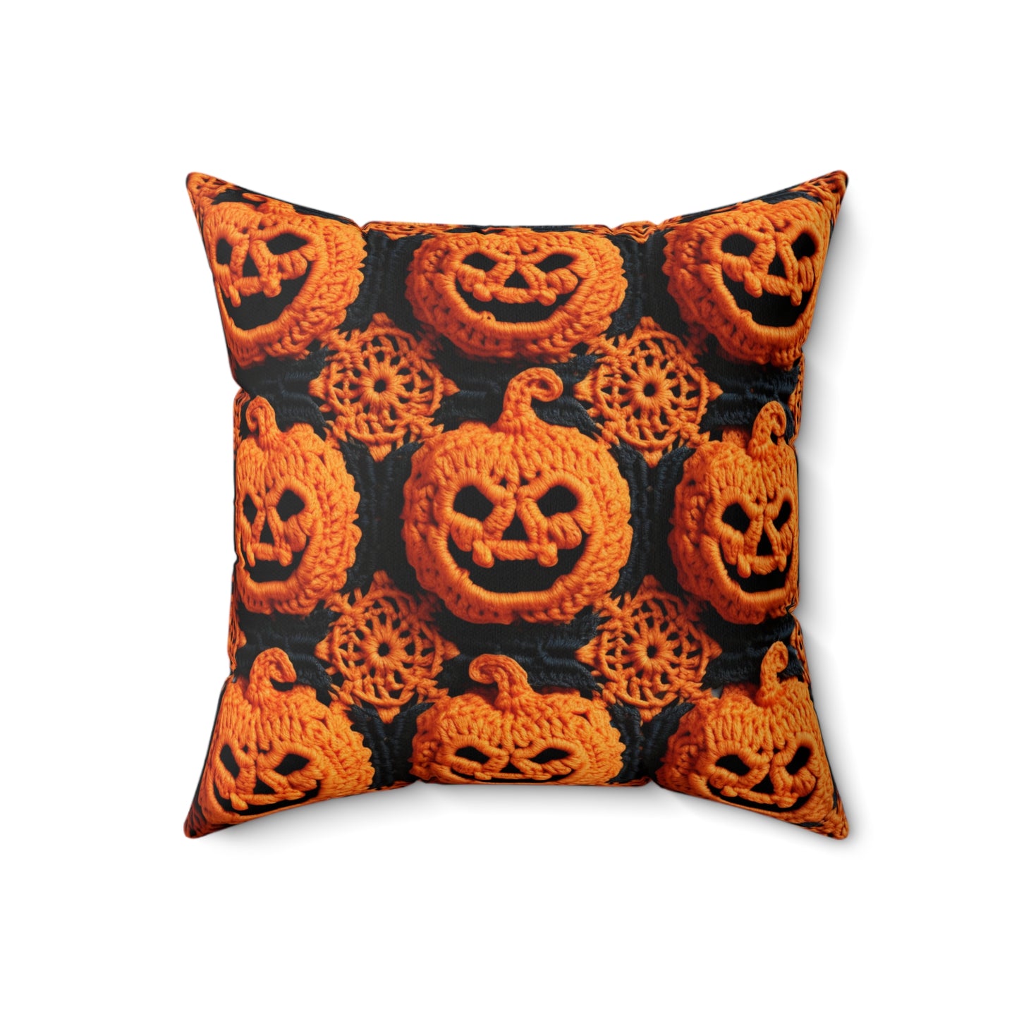 Halloween Crochet Pumpkin Scary Horror Festive Holiday Pattern - Spun Polyester Square Pillow