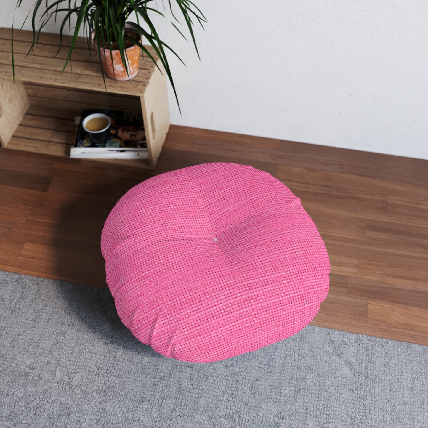 Doll-Like Pink Denim Designer Fabric Style - Tufted Floor Pillow, Round