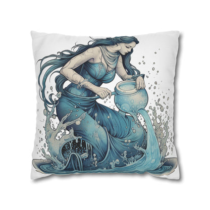 Aquarius Zodiac Symbol - Girl Pouring Water, Hand-Drawn Style - Spun Polyester Square Pillow Case