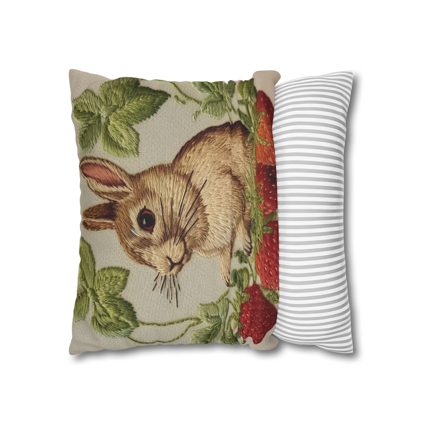 Strawberry Bunny Rabit - Embroidery Style - Strawberries Fruit Munchies - Easter Gift - Spun Polyester Square Pillow Case