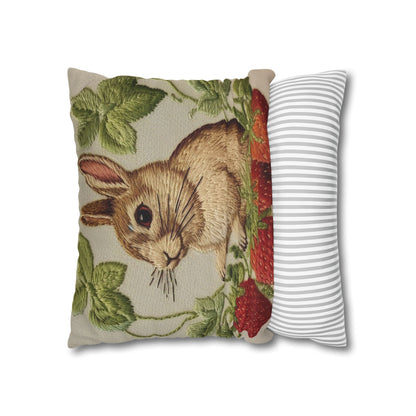 Strawberry Bunny Rabit - Embroidery Style - Strawberries Fruit Munchies - Easter Gift - Spun Polyester Square Pillow Case