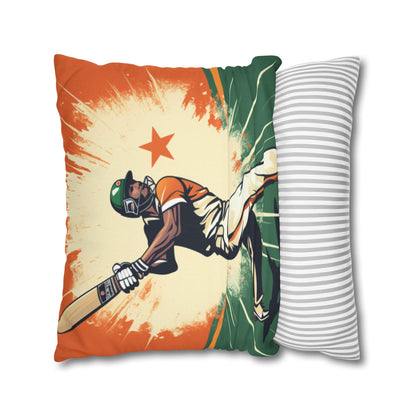 India Cricket Star: Batsman With Willow Bat, National Flag Style - Sport Game - Spun Polyester Square Pillow Case