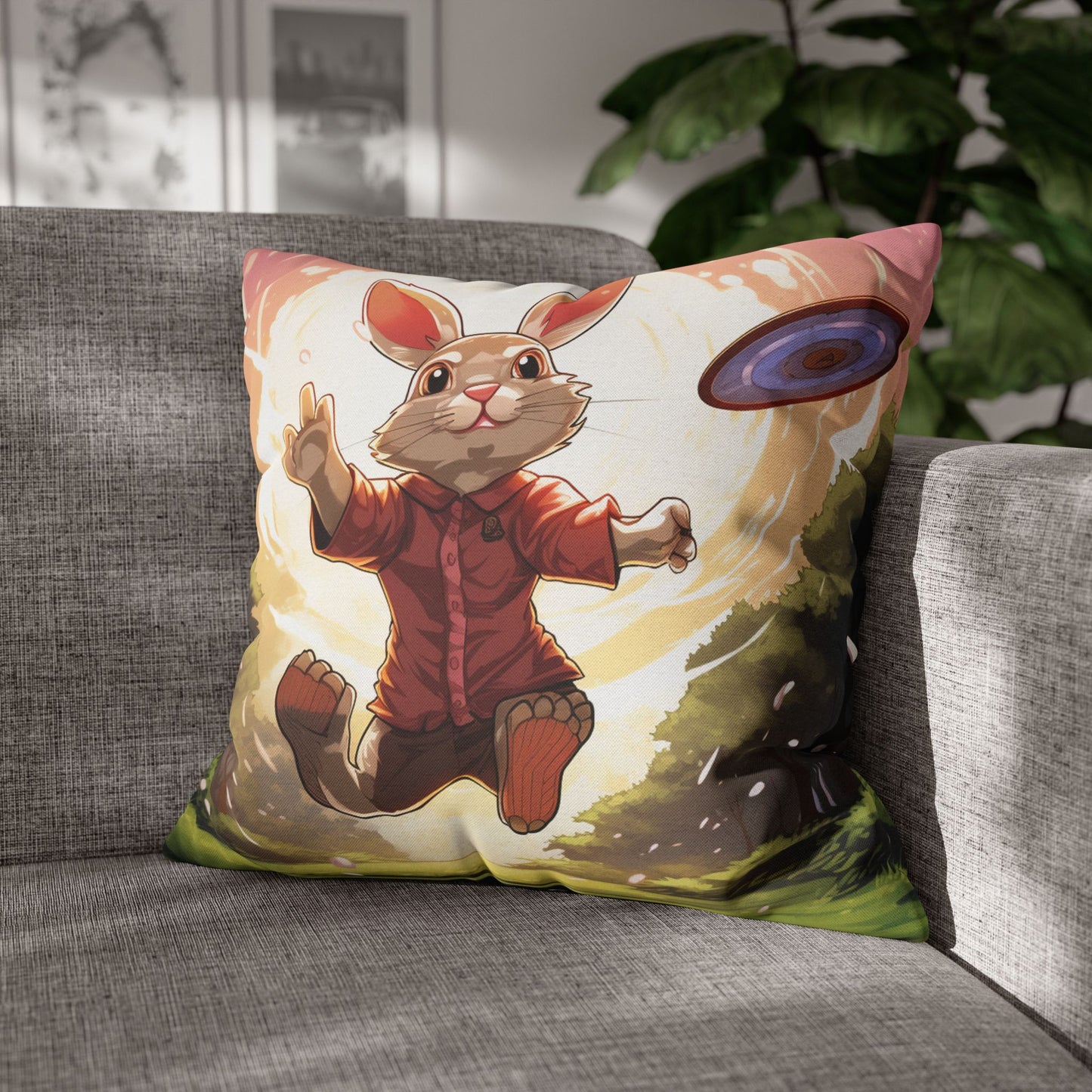 Disc Golf Rabbit: Bunny Aiming Frisbee for Basket Chain - Spun Polyester Square Pillow Case