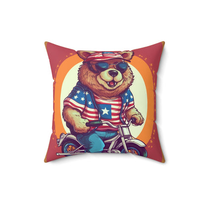 Biking with American Pride: Celebrate 4th of July with the Patriotic Bear's Ride Spun Polyester Square Pillow