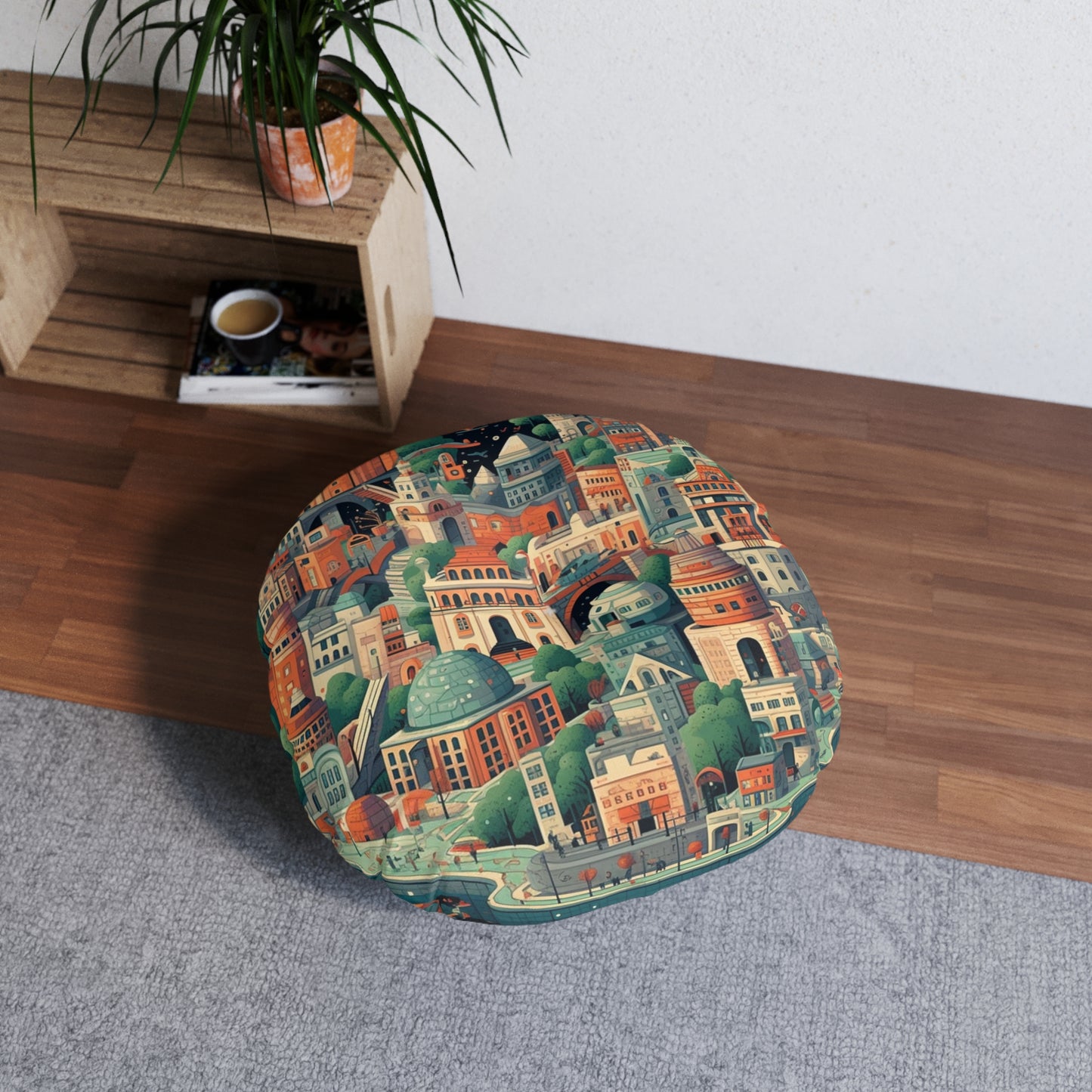 Galactic Metropolis Pattern, Sci-Fi Inspired - Tufted Floor Pillow, Round