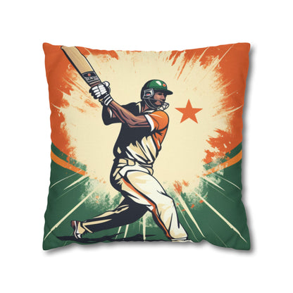 India Cricket Star: Batsman With Willow Bat, National Flag Style - Sport Game - Spun Polyester Square Pillow Case