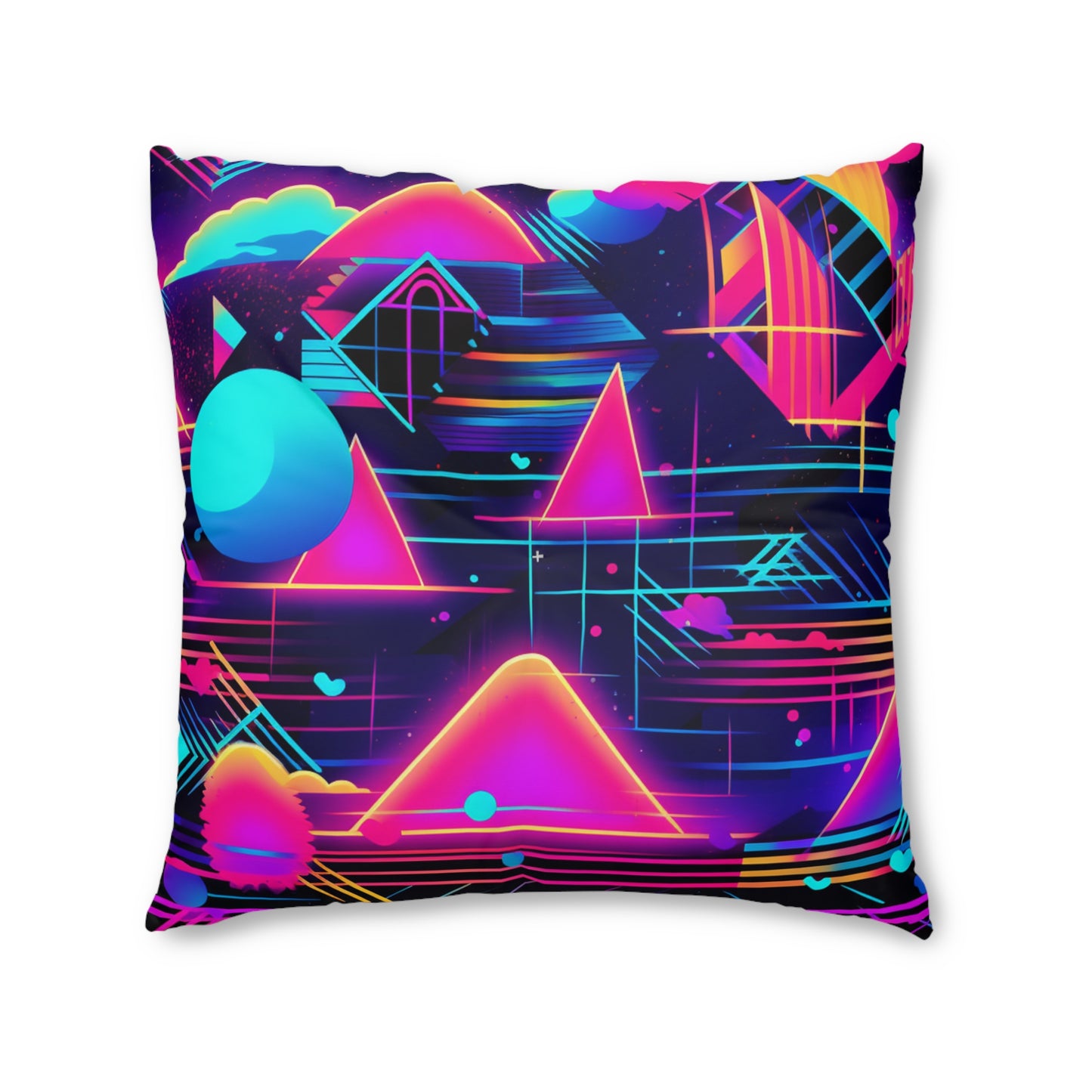 80s Synthwave Retro-Futuristic Inspired Pattern Design Tufted Floor Pillow, Square