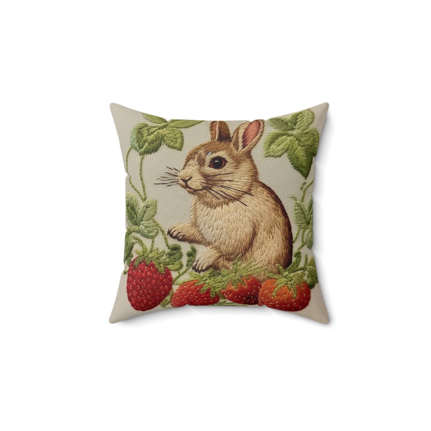 Strawberry Bunny Rabit - Embroidery Style - Strawberries Fruit Munchies - Easter Gift - Spun Polyester Square Pillow