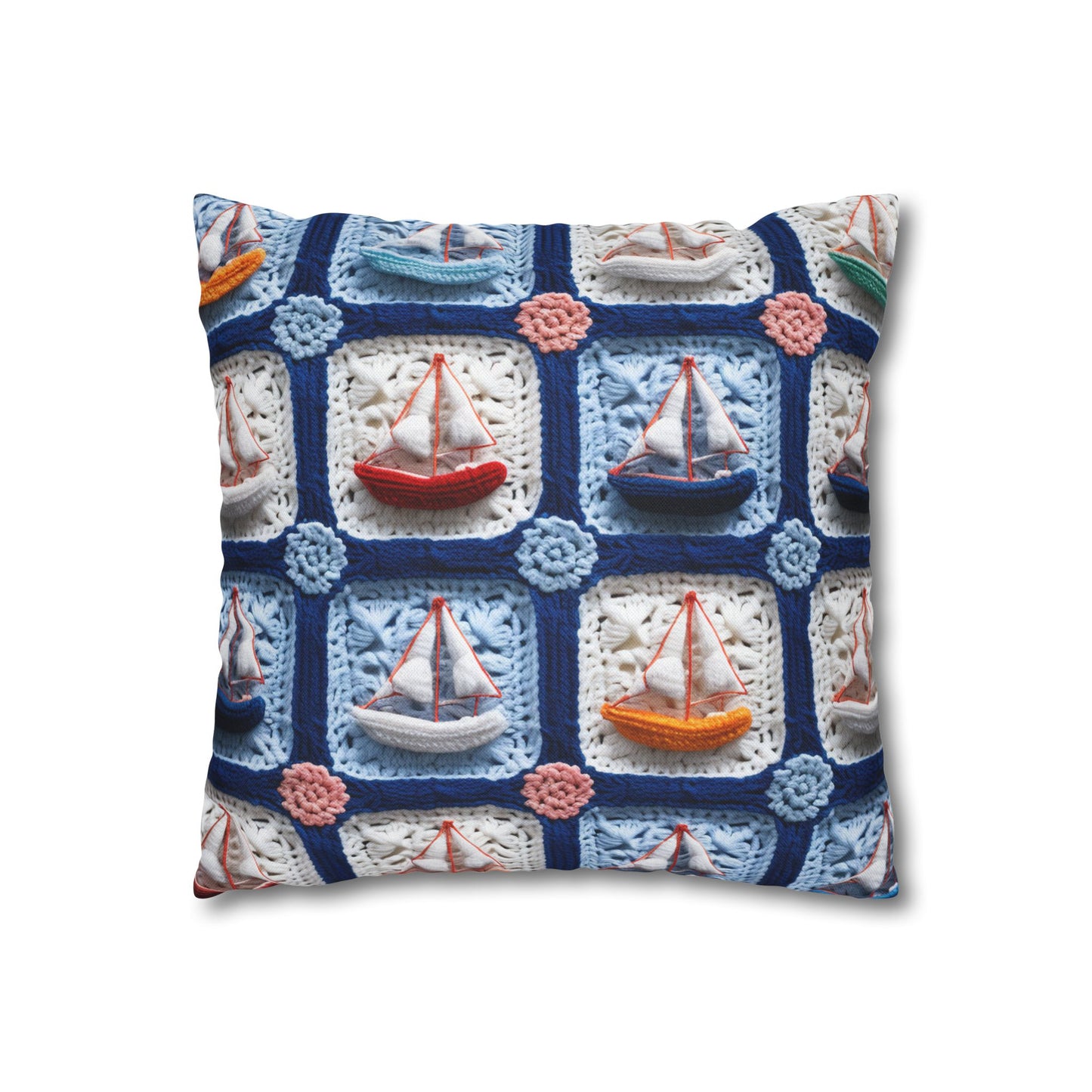 Crochet Boat Ship Sea Vessel Ocean Beach Travel Yacht Design - Spun Polyester Square Pillow Case