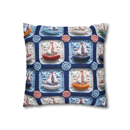 Crochet Boat Ship Sea Vessel Ocean Beach Travel Yacht Design - Spun Polyester Square Pillow Case