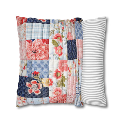 Floral Harmony Quilt, Blossom Patchwork, Blue and Pink Quilted Patterns, Garden Quilt, Soft Pastel Quilting Squares Design - Spun Polyester Square Pillow Case