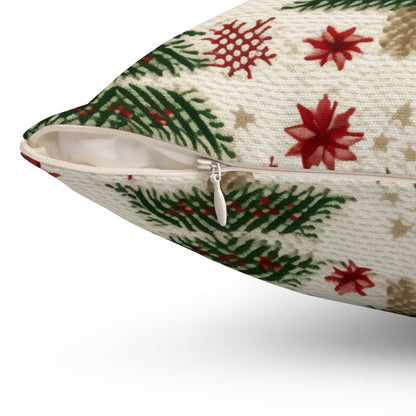 Embroidered Christmas Winter, Festive Holiday Stitching, Classic Seasonal Design - Spun Polyester Square Pillow