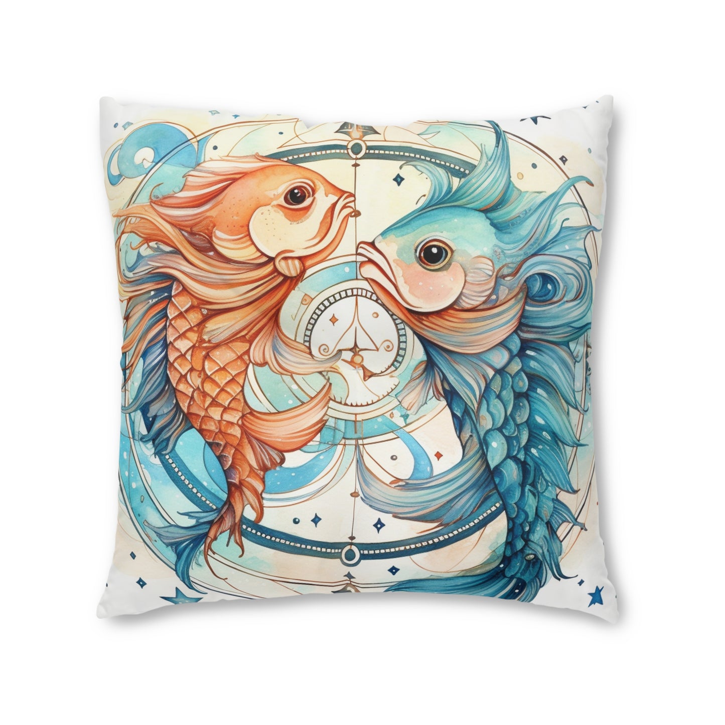 Pisces Zodiac Horoscope - Starry Watercolor & Ink, Hyper-Detailed Fish Tufted Floor Pillow, Square