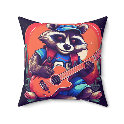 Acoustic Guitar Raccoon - Furry Animal Musician Decor Spun Polyester Square Pillow