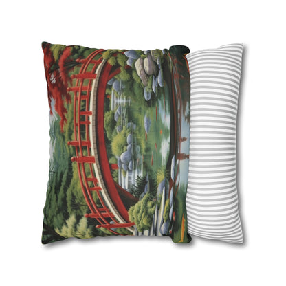 Japanese Garden Art - Tranquil Koi Pond Red Bridge Spun Polyester Square Pillow Case