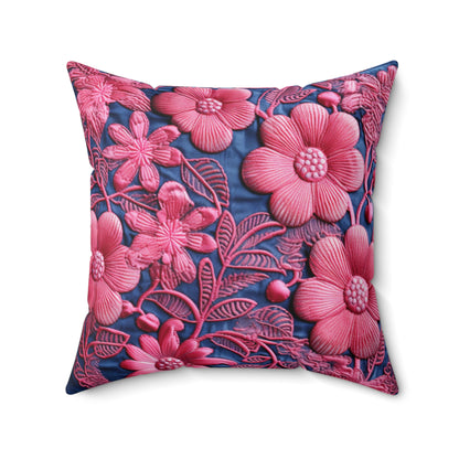 Denim Blue Doll Pink Floral Embroidery Style Fabric Flowers - Spun Polyester Square Pillow