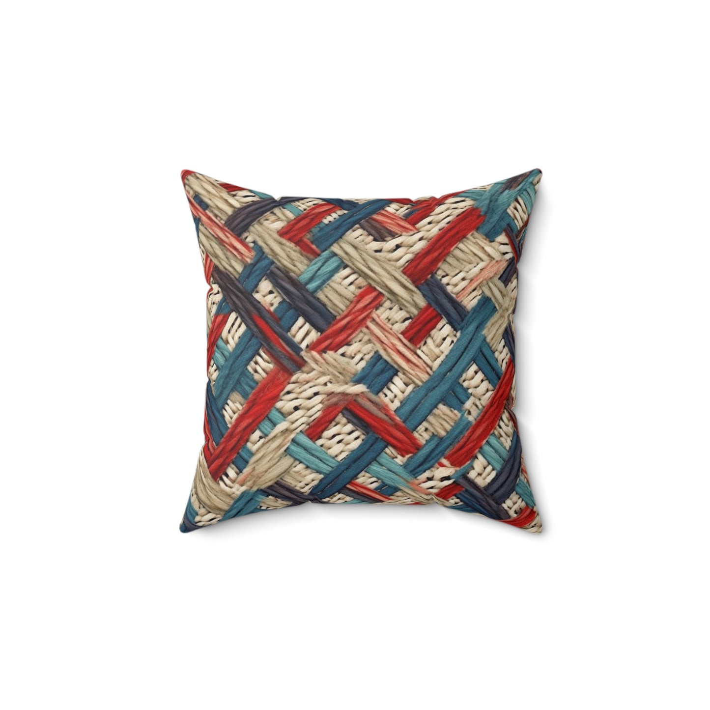 Colorful Yarn Knot: Denim-Inspired Fabric in Red, White, Light Blue - Spun Polyester Square Pillow