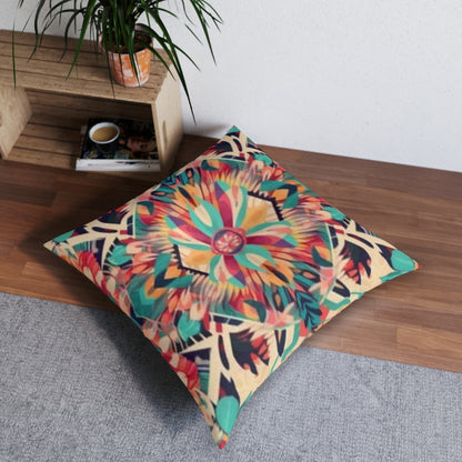 Boho Vibes: Handmade Summer Bohemian Print Pattern Artwork Tufted Floor Pillow, Square