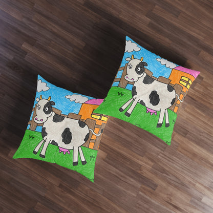 Cow Moo Farm Barn Animal Character Tufted Floor Pillow, Square