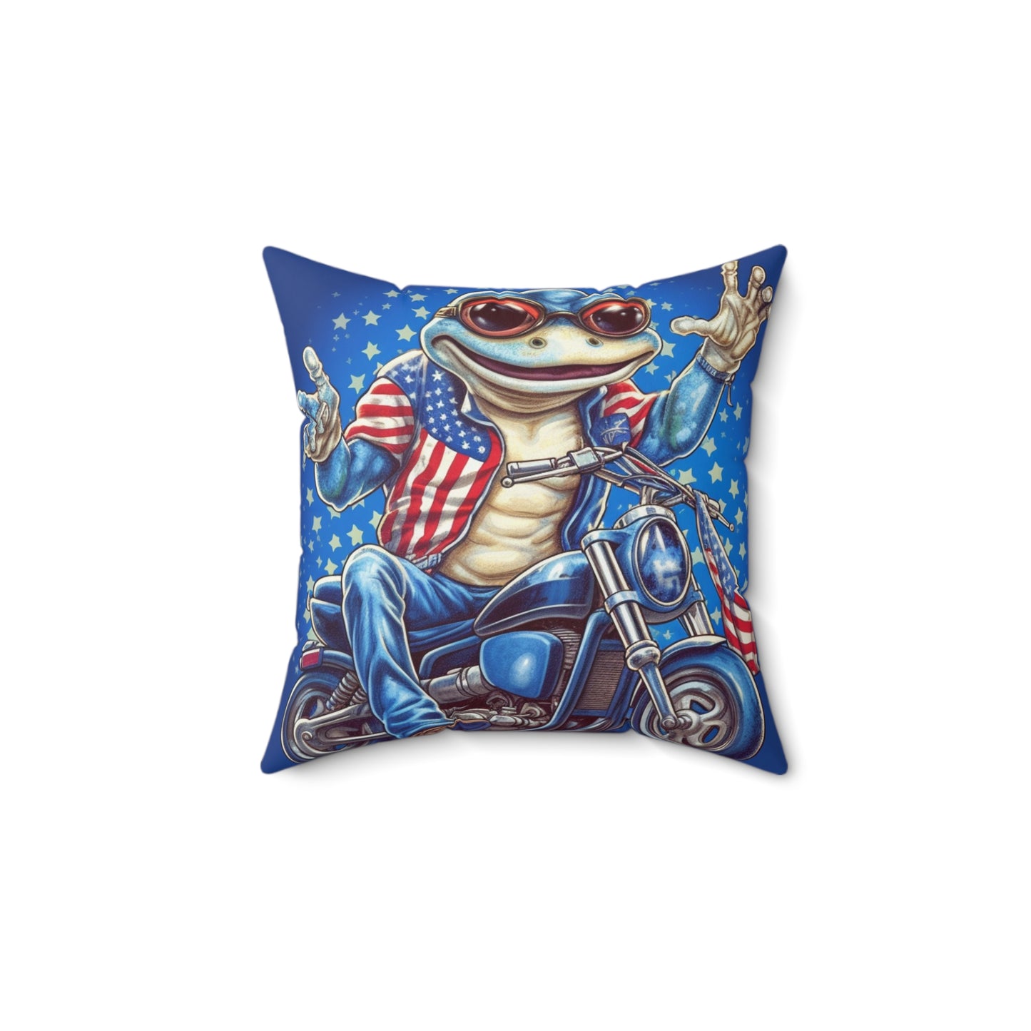 Frog Motorcycle Rider 4th of July USA Patriotic American Graphic Spun Polyester Square Pillow