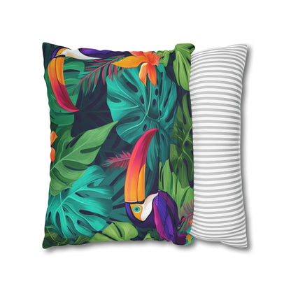 Vivid Tropical Birds & Leaves - Seamless Pattern Spun Polyester Square Pillow Case