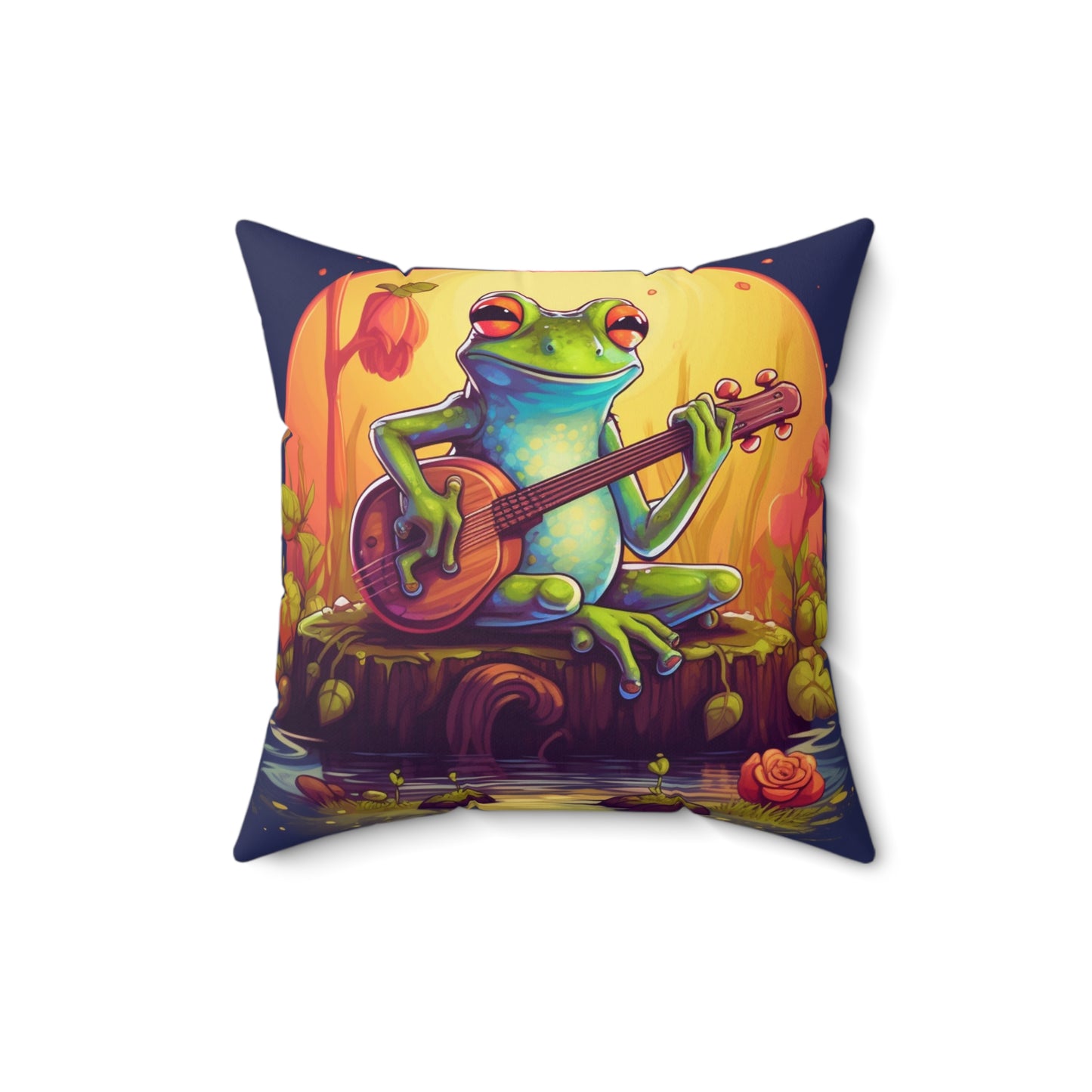 Log Frog Playing Instrument Tune Music Outdoor Swamp Graphic Spun Polyester Square Pillow