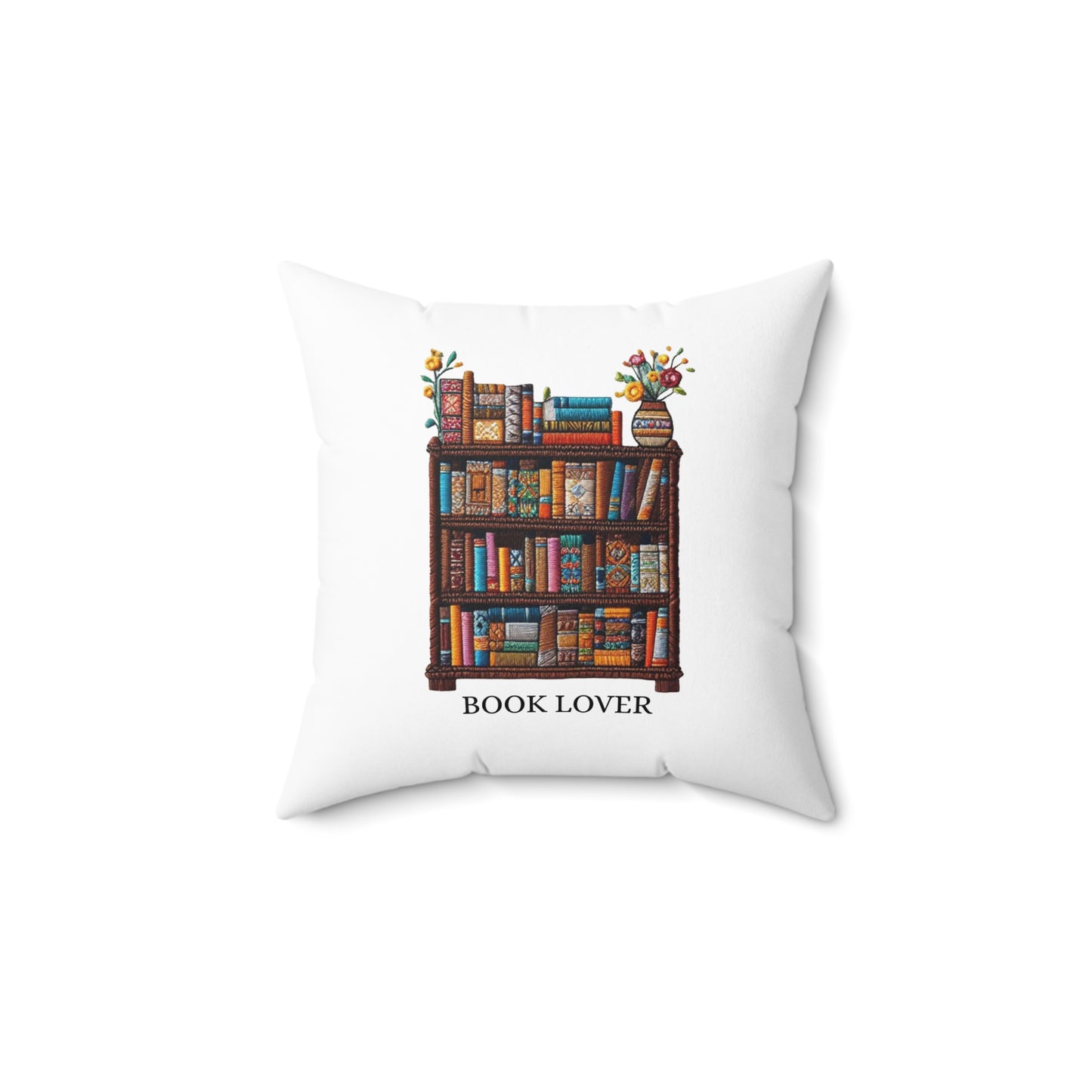 Crafted Book Lover Embroidery: Artisanal Bookshelf Design for Bibliophiles - Spun Polyester Square Pillow