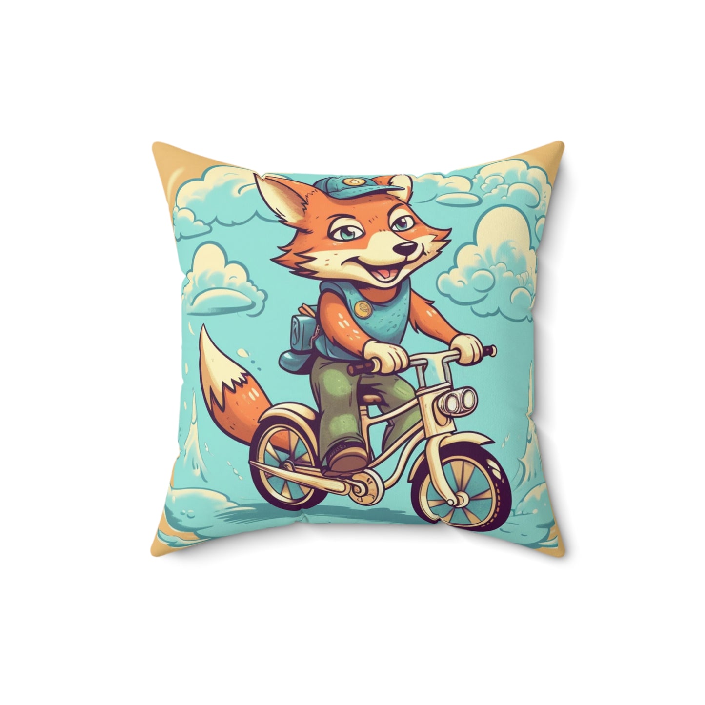 Fox Bike Ride Adventure Graphic Cyclist Spun Polyester Square Pillow