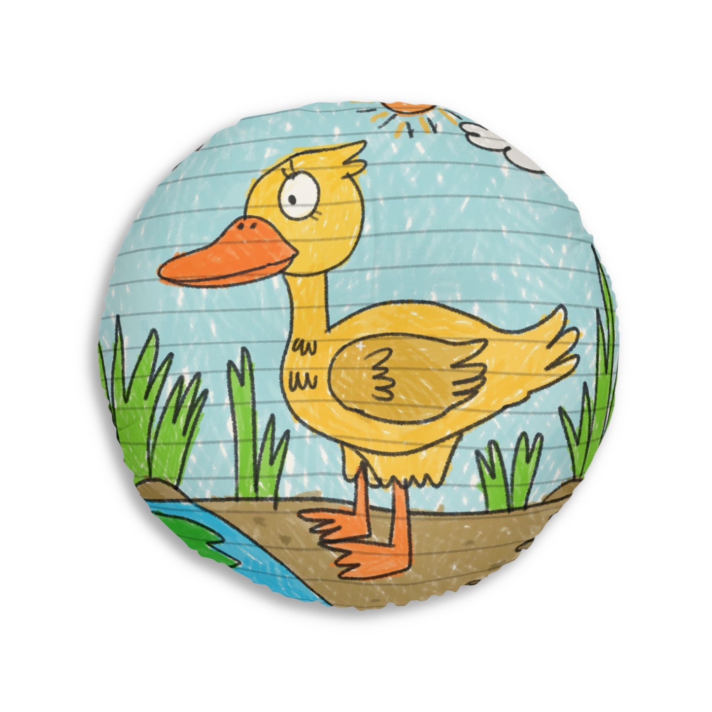 Yellow Duck Bird Pond Tufted Floor Pillow, Round