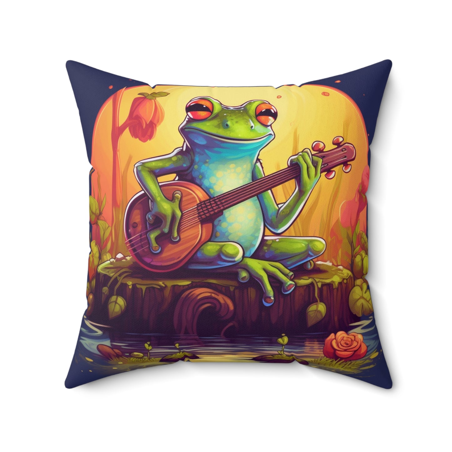 Log Frog Playing Instrument Tune Music Outdoor Swamp Graphic Spun Polyester Square Pillow