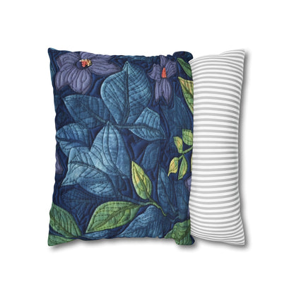 Floral Embroidery Blue: Denim-Inspired, Artisan-Crafted Flower Design - Spun Polyester Square Pillow Case