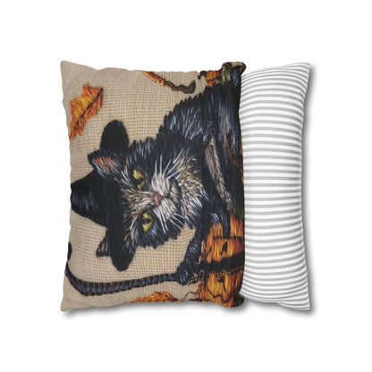 Halloween Cat Magic: Embroidered Style Feline with Pumpkins & Witch Hat - Spun Polyester Square Pillow Case