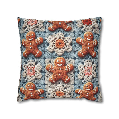 Christmas Holiday Delight: Crocheted Gingerbread Smile Pattern with Lace Snowflakes - Spun Polyester Square Pillow Case