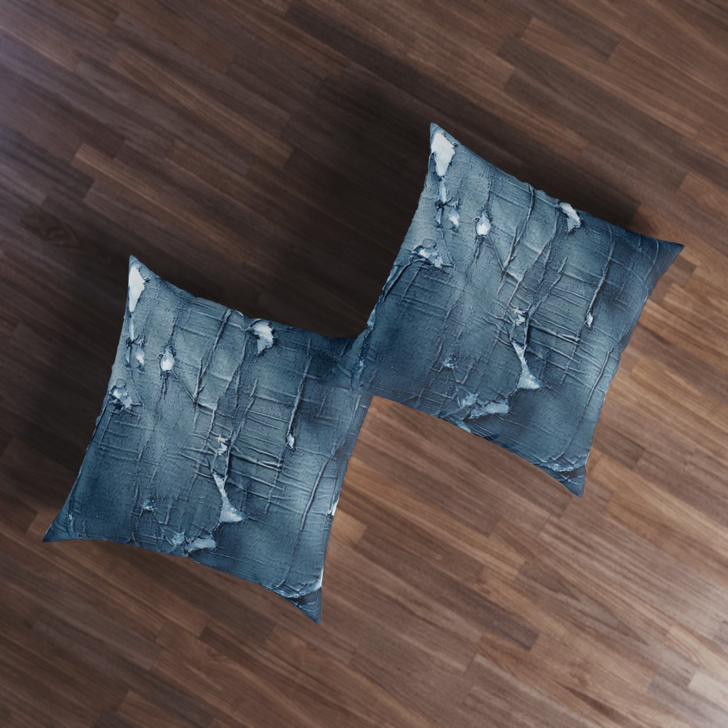 Distressed Blue Denim-Look: Edgy, Torn Fabric Design - Tufted Floor Pillow, Square