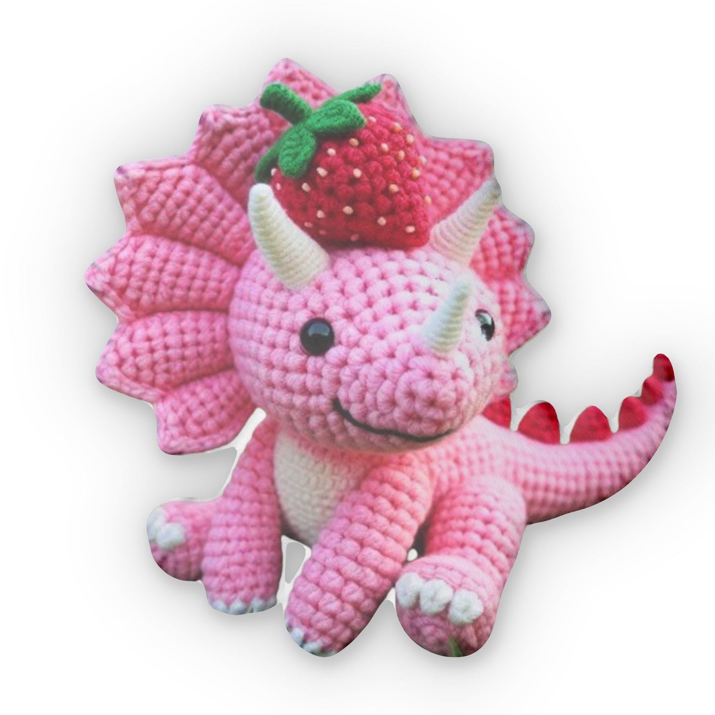 Crochet Strawberry Pink Triceratops Plush, Shaped Pillow