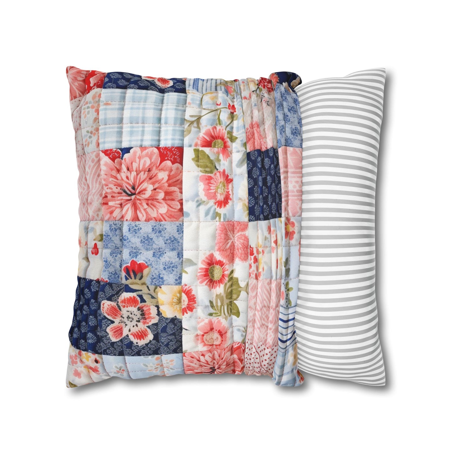 Floral Harmony Quilt, Blossom Patchwork, Blue and Pink Quilted Patterns, Garden Quilt, Soft Pastel Quilting Squares Design - Spun Polyester Square Pillow Case