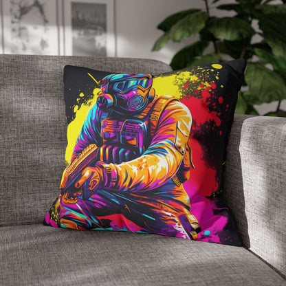 Paintball Action Sport: Player in Battle, Paint Splatter - Spun Polyester Square Pillow Case