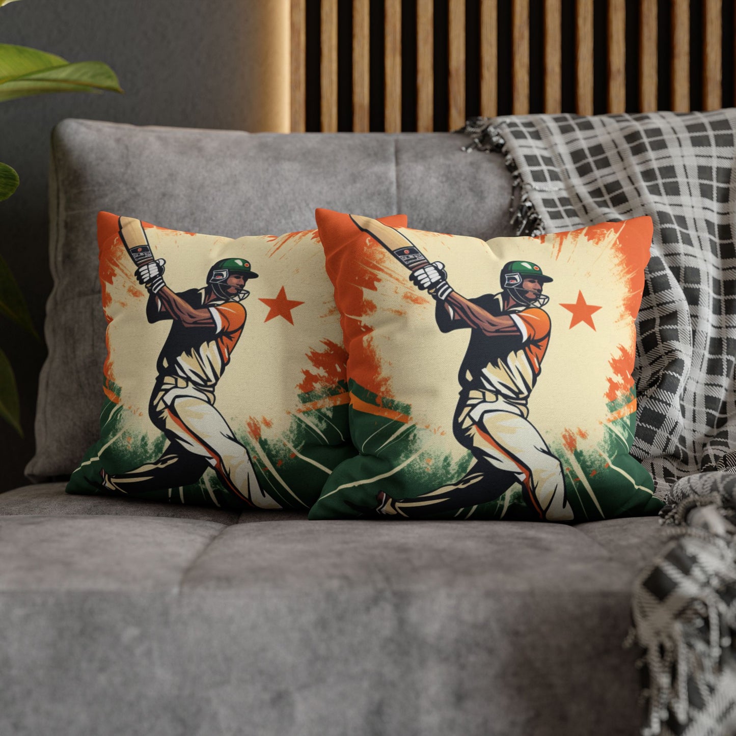 India Cricket Star: Batsman With Willow Bat, National Flag Style - Sport Game - Spun Polyester Square Pillow Case