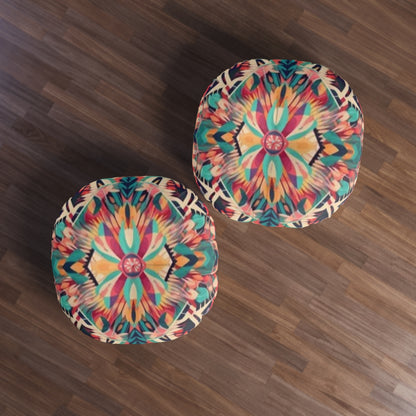 Boho Vibes: Handmade Summer Bohemian Print Pattern Artwork Tufted Floor Pillow, Round